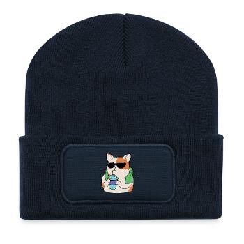 Cat playing sports with drinking cup and towel - Recycled Patch Beanie - french navy - Front
