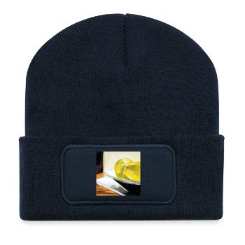 stilleben zitronen malerei kunst gelb leinwand öl - Recycelte Patch Beanie - French Navy - Vorne
