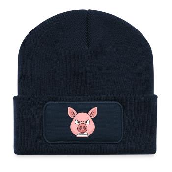 Angry Pig Cartoon Stare - Recycled Patch Beanie - french navy - Front
