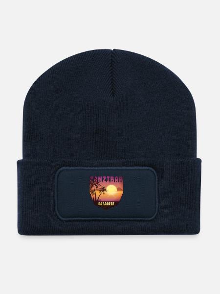 Design mit Palmen und Sonne / Geschenk - Recycelte Patch Beanie - French Navy