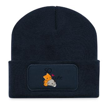 Katzenkuscheltier und ungezogener Hund - Recycelte Patch Beanie - French Navy - Vorne