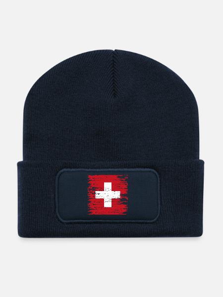 Red Textured Swiss Cross - Recycled Patch Beanie - french navy