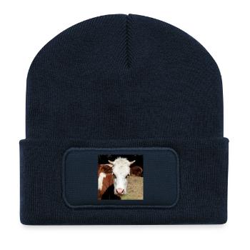 Affiche vache - Beanie recyclé à patch - bleu marine - Devant