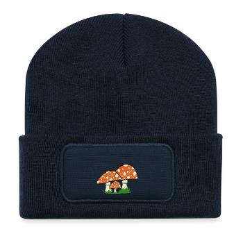 Graphiques de la nature, champignons crapauds, grands motifs forestiers - Beanie recyclé à patch - bleu marine - Devant