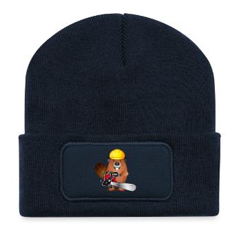 niedlicher Biber mit Kettensäge und Schutzhelm - Recycelte Patch Beanie - French Navy - Vorne