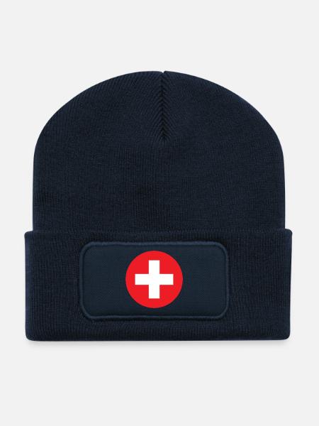 Red circle cross symbol - Recycled Patch Beanie - french navy
