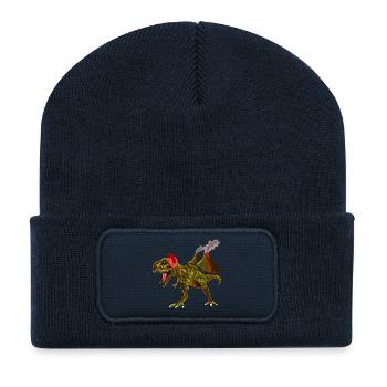 Dinosaure avec des écouteurs devant le volcan - Beanie recyclé à patch - bleu marine - Devant