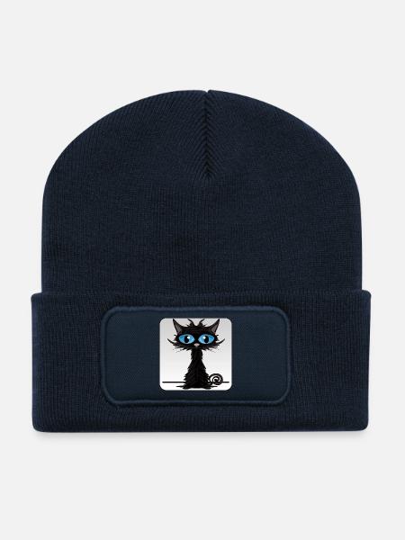 Schwarze Katze - Blaue Augen - Recycelte Patch Beanie - French Navy