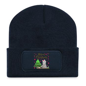 Kultiger Wolf hat Weihnachten Schaf unterm Baum - Recycelte Patch Beanie - French Navy - Vorne