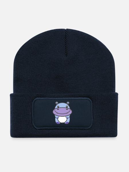 Hippopotame mignon Kawaii - Beanie recyclé à patch - bleu marine