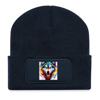 Wolfskopf Bunt Aquarell - Recycelte Patch Beanie - French Navy - Vorne