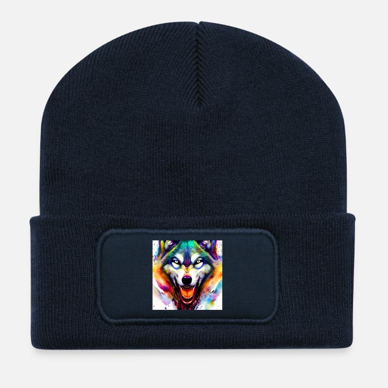 Wolfskopf Bunt Aquarell - Recycelte Patch Beanie - French Navy