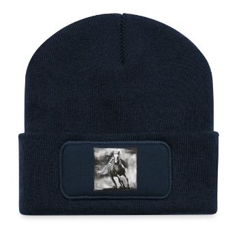 Pferd im Wind – kraftvolle Wildpferd Skizze - Recycelte Patch Beanie - French Navy - Vorne