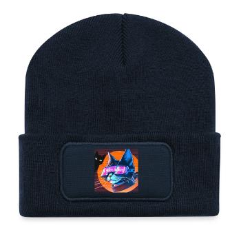 Cyber Cat Anime Black Cat - Saying "I see You" - Recycled Patch Beanie - french navy - Front