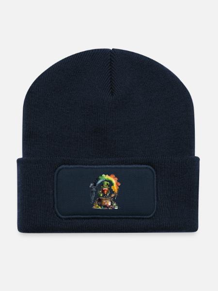 Leprechaun goblin under a rainbow - Recycled Patch Beanie - french navy