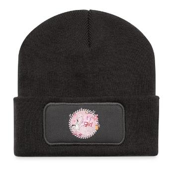 Flamingo mit Baby und Baby Utensilien in Rosa - Recycelte Patch Beanie - Dunkelgrau - Vorne