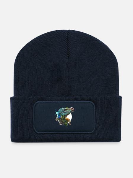 Velociraptor bleu avec fond blanc - Beanie recyclé à patch - bleu marine