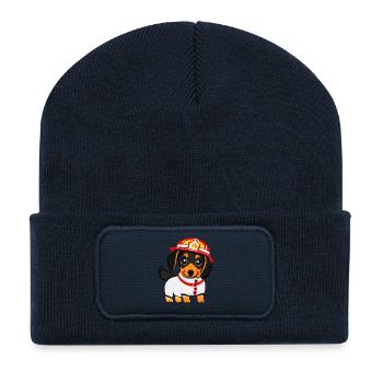 Dachshund en tant que pompier - Beanie recyclé à patch - bleu marine - Devant