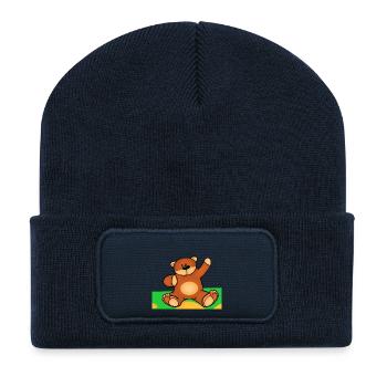 Niedlicher kleiner Teddybär, der im Gras sitzt - Recycelte Patch Beanie - French Navy - Vorne
