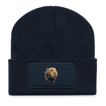 Beau lion, plumes dans la crinière du lion - Beanie recyclé à patch - bleu marine - Devant