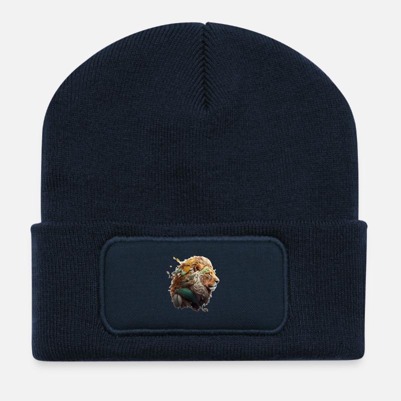 Schöner Löwe, Federn in der Mähne des Löwen - Recycelte Patch Beanie - French Navy