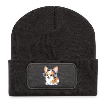 Corgi avec écouteurs - Beanie recyclé à patch - charbon - Devant