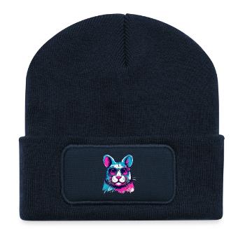 Neonfarben-Hund mit Sonnenbrille - Recycelte Patch Beanie - French Navy - Vorne