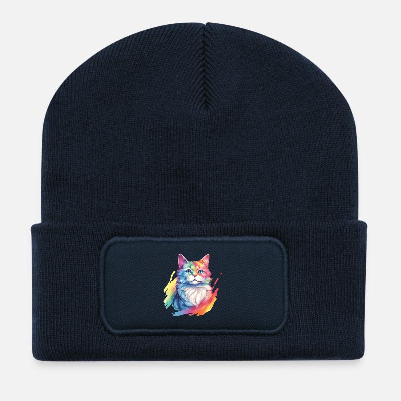 Rainbow Cat – Picturesque Rainbow Cat - Recycled Patch Beanie - french navy
