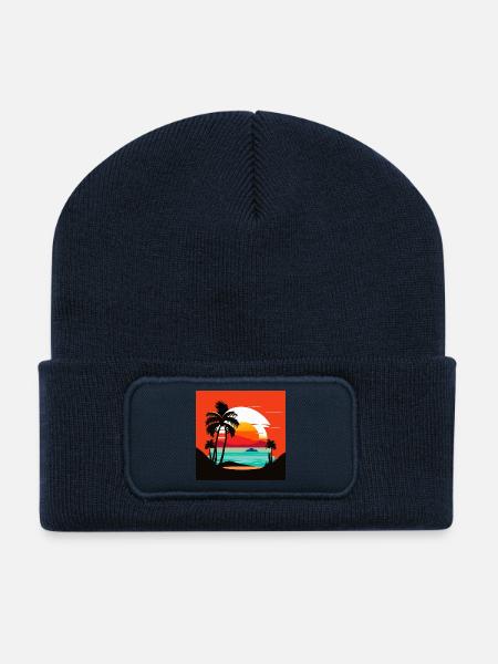 Tropischer Sonnenuntergang am Palmenstrand - Recycelte Patch Beanie - French Navy