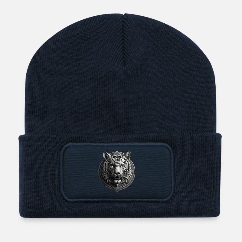 Weißer Tiger Medaillon Emblem - Recycelte Patch Beanie - French Navy