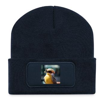 Vogel mit Orangen Sonnenbrillen - Recycelte Patch Beanie - French Navy - Vorne