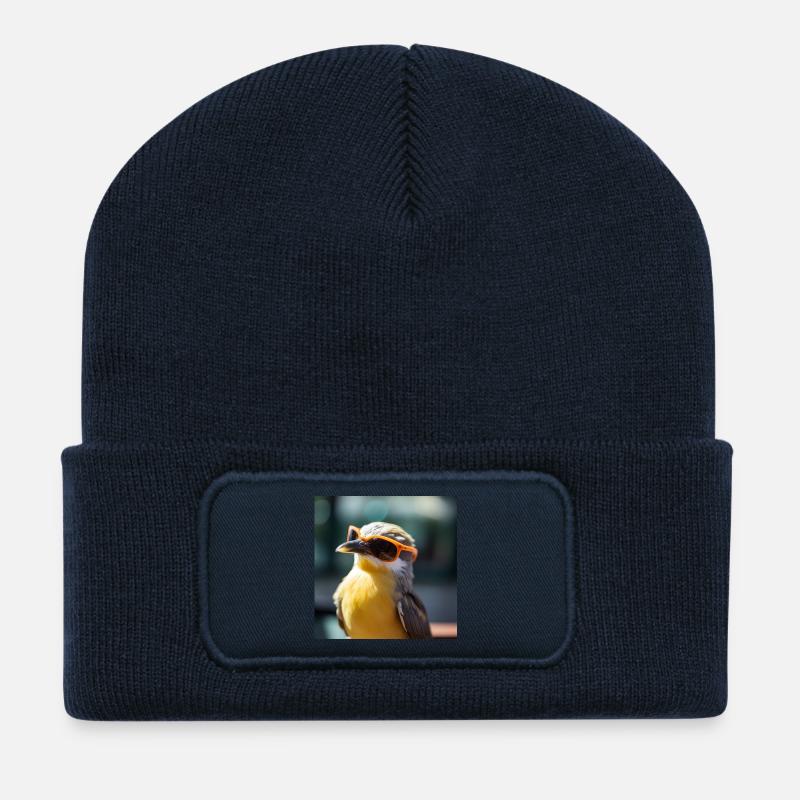 Vogel mit Orangen Sonnenbrillen - Recycelte Patch Beanie - French Navy