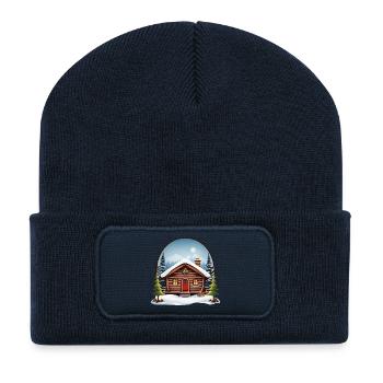 Maison en bois, cabane de Noël - Beanie recyclé à patch - bleu marine - Devant