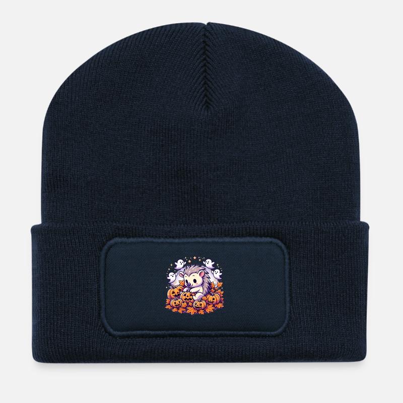 Süßes Schwein Halloween Deko mit Kürbissen - Recycelte Patch Beanie - French Navy
