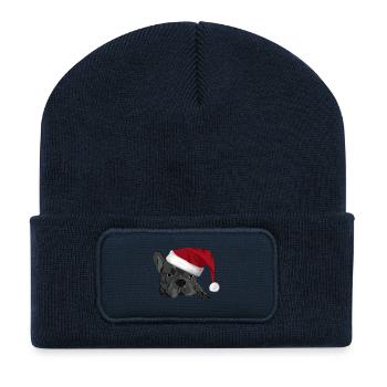Bouledogue avec chapeau de Père Noël - Beanie recyclé à patch - bleu marine - Devant