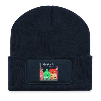 Greifswald, Fachwerk am Fischmarkt, Ostdeutschland - Recycelte Patch Beanie - French Navy - Vorne