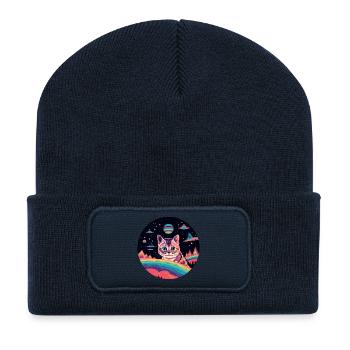 Chat avec des ovnis dans l’espace - Beanie recyclé à patch - bleu marine - Devant