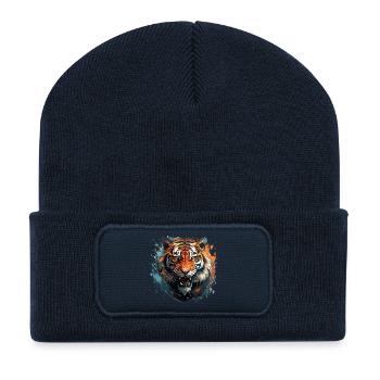 Bengalischer Tiger – Königstiger Gesicht Zoo - Recycelte Patch Beanie - French Navy - Vorne