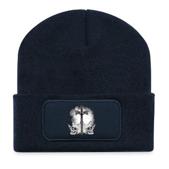 Menschenschädel, Schwerter, Dämonenflügel, vanitas - Recycelte Patch Beanie - French Navy - Vorne