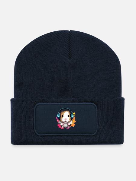 Hamster avec écouteurs Hamster nain Hamster doré - Beanie recyclé à patch - bleu marine