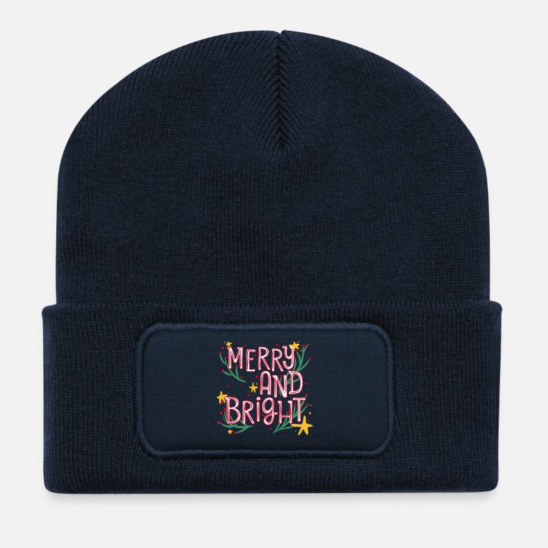 Merry and Bright Festive Script - Beanie recyclé à patch - bleu marine