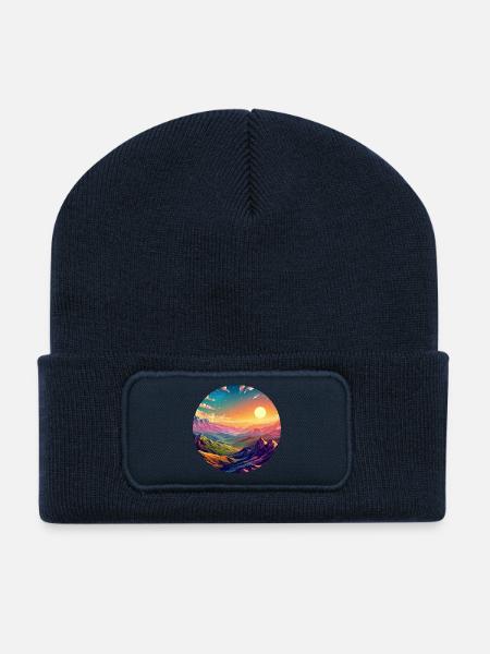 Landschaft farbenfroh episch Sonnenuntergang Comic - Recycelte Patch Beanie - French Navy