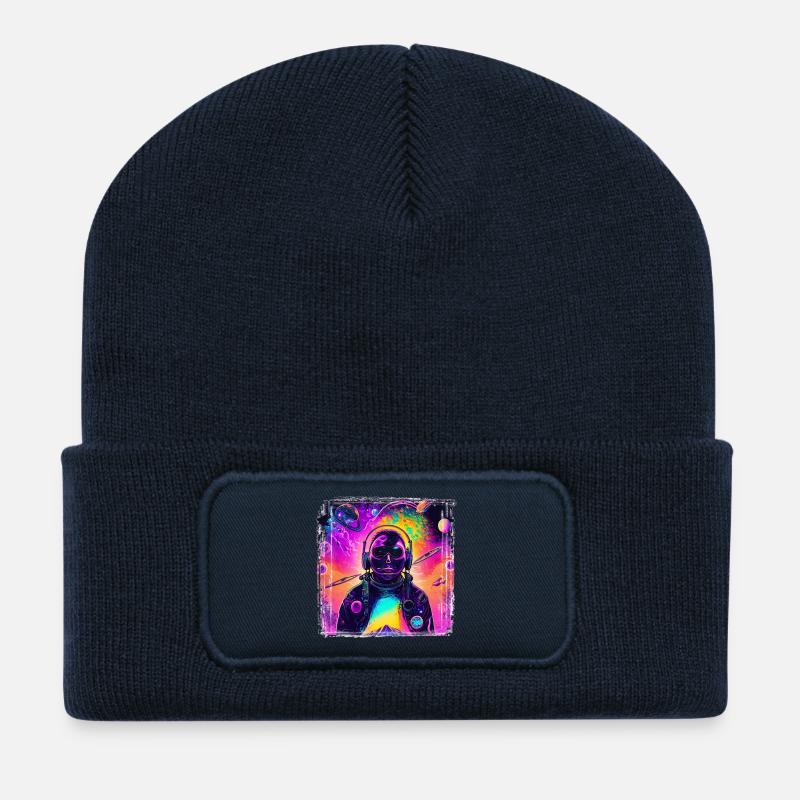 Astronaute néon au Cosmic Psychedelic - Beanie recyclé à patch - bleu marine
