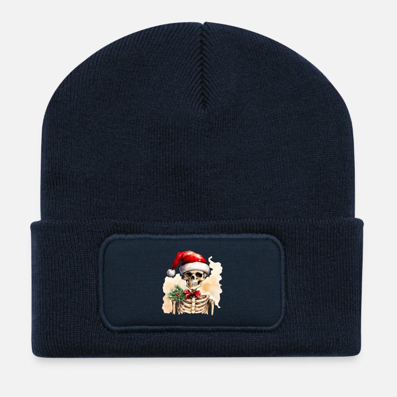 Watercolor skeleton with santa hat - Recycled Patch Beanie - french navy