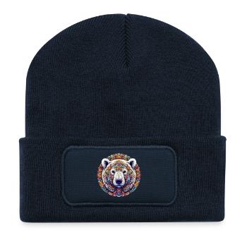 Weißer Eisbär mit Mandalas verziert - Recycelte Patch Beanie - French Navy - Vorne