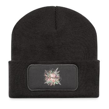 Brautstrauss in zarten Farbtönen mit Schriftzug - Recycelte Patch Beanie - Dunkelgrau - Vorne