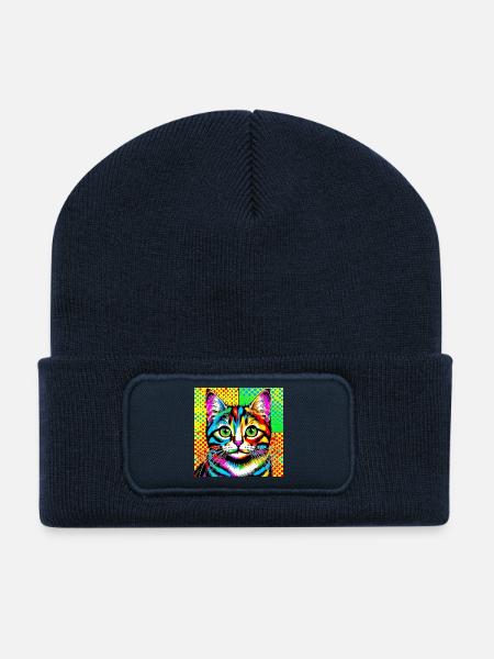 Katze Pop Art - Recycelte Patch Beanie - French Navy