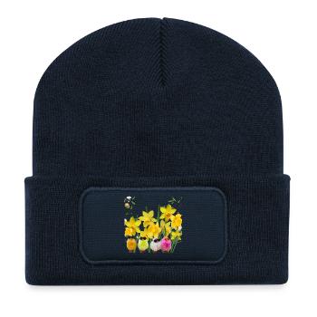 Poussins à lunettes et jonquilles  - Beanie recyclé à patch - bleu marine - Devant
