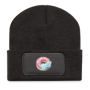 Rosa Streusel Donut mit süßem Etikett - Recycelte Patch Beanie - Dunkelgrau - Vorne