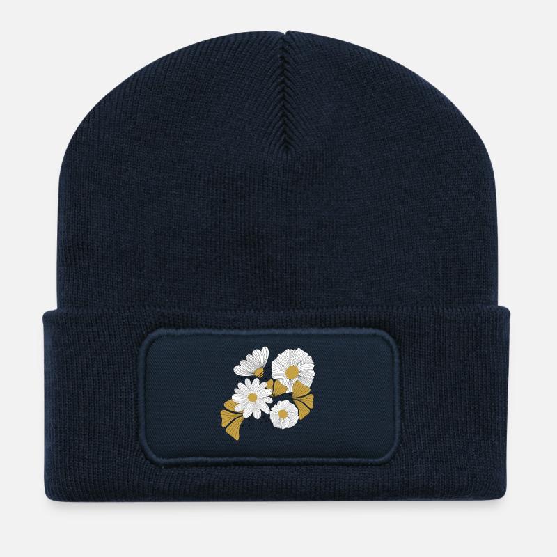 Blumenbouquet in gelb Linien-Kontrast - Recycelte Patch Beanie - French Navy
